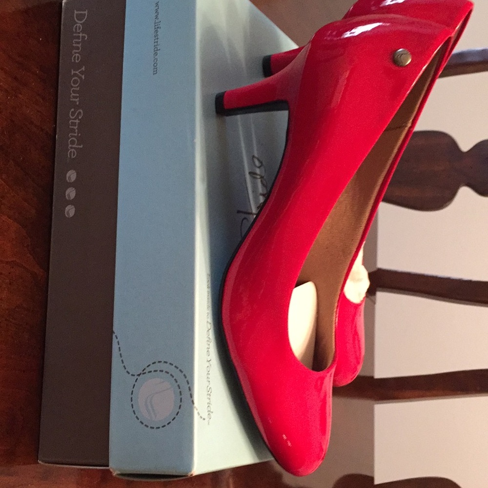 Red patent leather shoes.